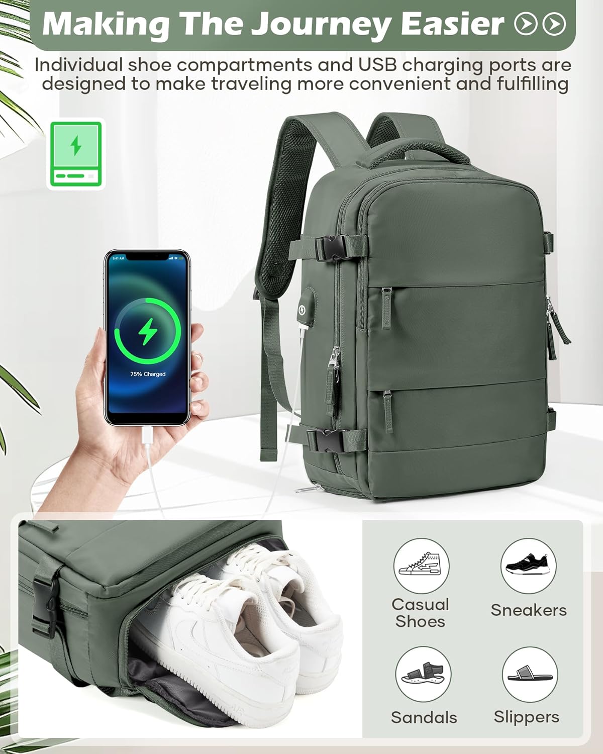 Vacuum Backpack Travel Laptop Backpacks For Women Men Carry On Backpack With Vacuum Compression Bags Seal Packing Personal Item Travel Bag Vacpack Backpacks With Pump Olive Green - Roamly
