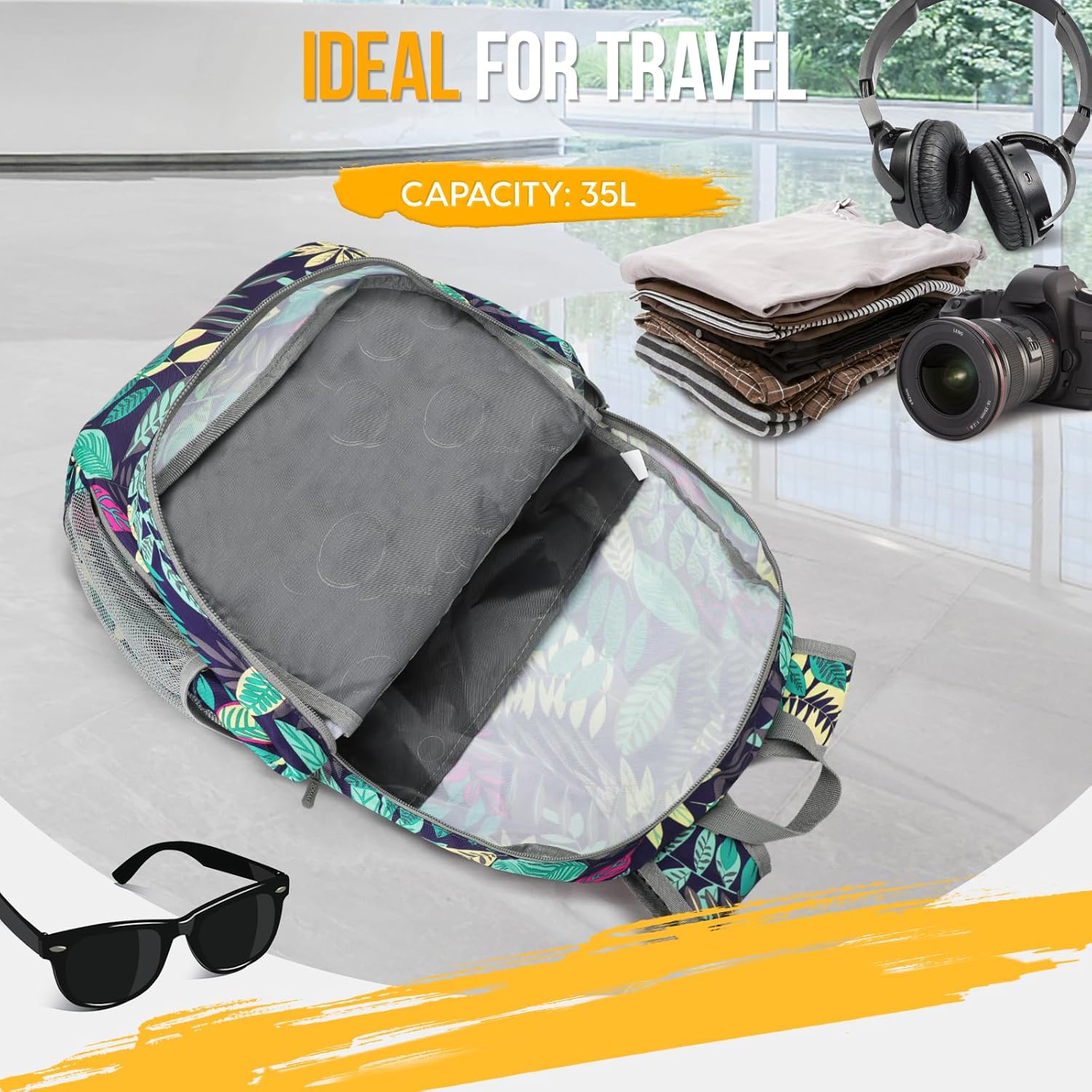 ZOMAKE Lightweight Packable Backpack 35L, Light Foldable Backpacks Water Resistant Collapsible Hiking Bag, Compact Folding Day Pack for Travel Camping(Mixed Color-Leaves) - Roamly