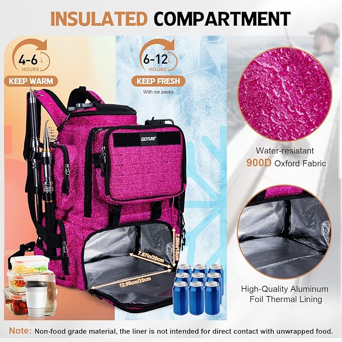 Goture Fishing Backpack, 58L 900D Water-Resistant Insulated Tackle Backpack with Cooler, Rod Holders, 8 Lure Pockets, Detachable Crossbody Bag, Gear Storage Large Fishing Bag for Camping Hiking