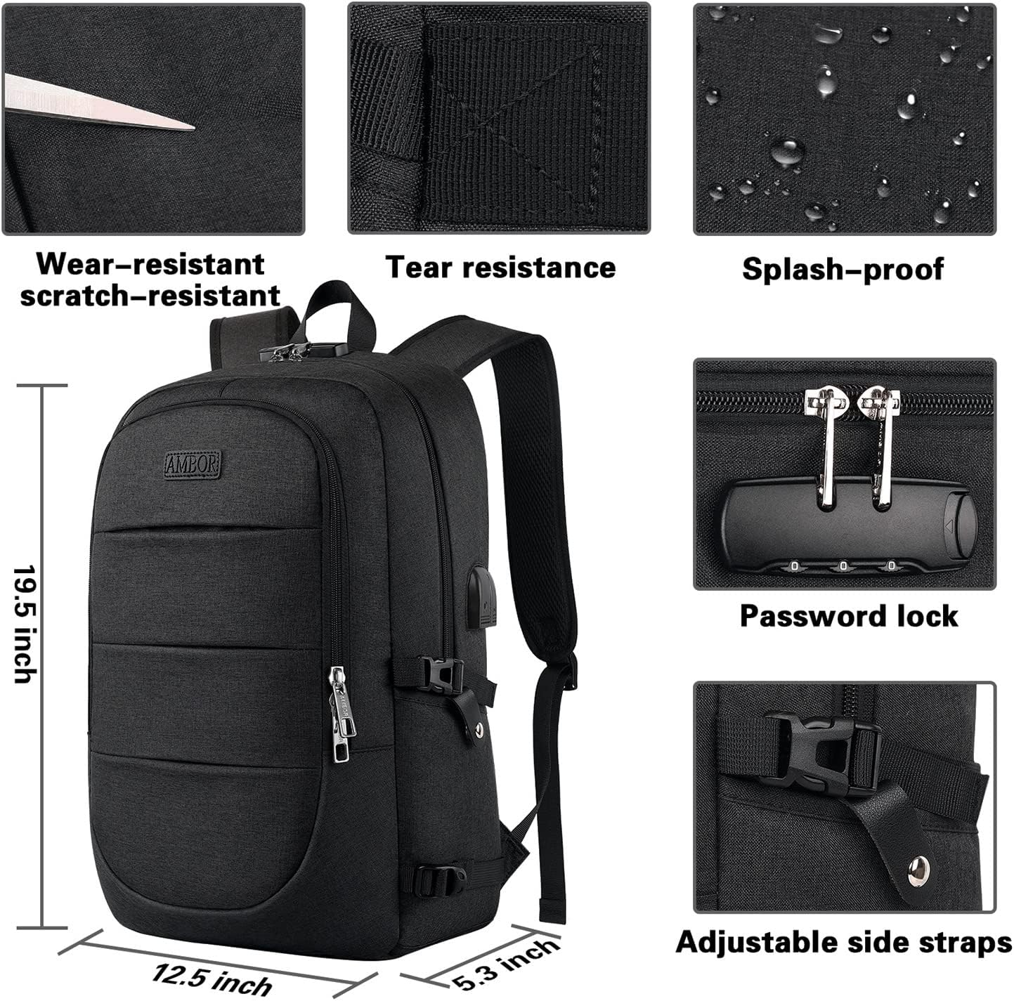 AMBOR Travel Laptop Backpack for Ｍen, 15.6-17.3 inch Laptop Backpack for School, Anti Theft Business Work Backpack with USB Charging Port, Water Resistant College Computer Bag for Men & Women, Black - Roamly