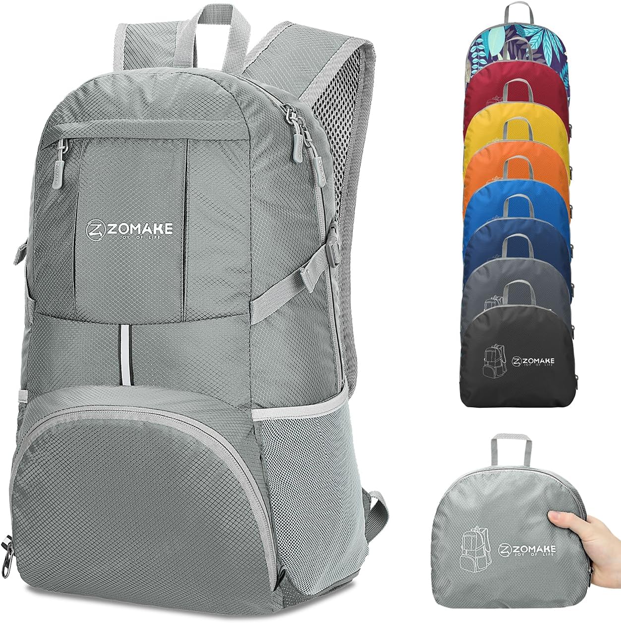 ZOMAKE Lightweight Packable Backpack 35L, Light Foldable Backpacks Water Resistant Collapsible Hiking Bag, Compact Folding Day Pack for Travel Camping(Sliver Grey) - Roamly