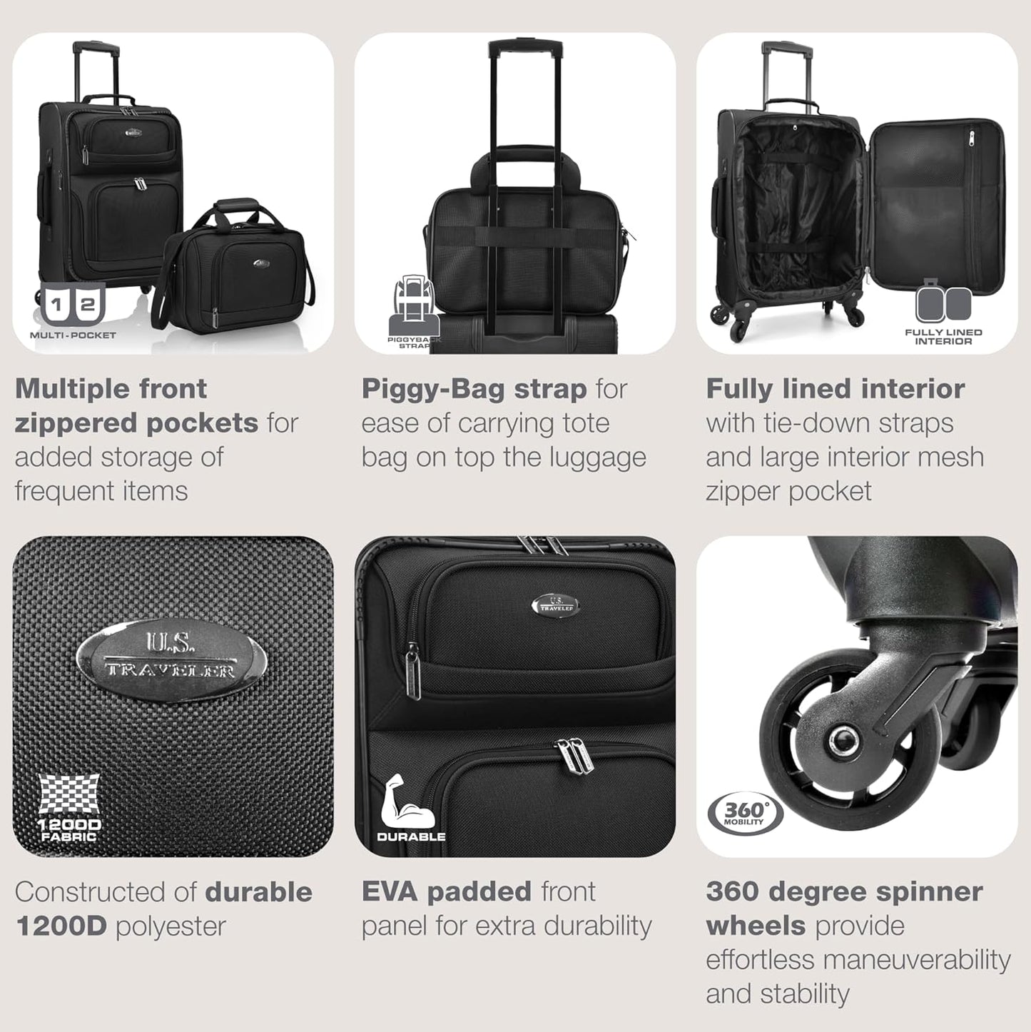 U.S. Traveler Lightweight Rolling 20" Carry On Luggage Softside Suitcase, Black, 4 Wheel