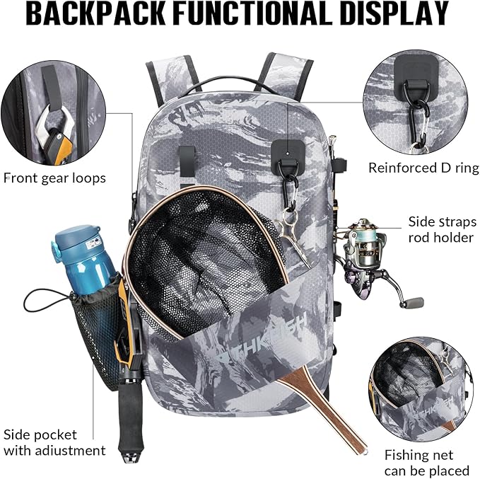 THKFISH IPX8 Waterproof Fishing Backpack with Rod Holder, Lightweight Fishing Sling Bag, Move Freely Fish Gifts for Men