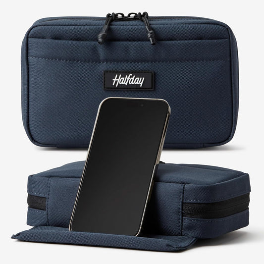 Halfday Sidekick Tech Organizer Kit | Flip-Out Kickstand for Phone/Tablet, Zip-Flat Pouch with Power Mesh & Elastic for Cable & Charger (Splash-Resistant Travel Electronics Accessories Case), Marine