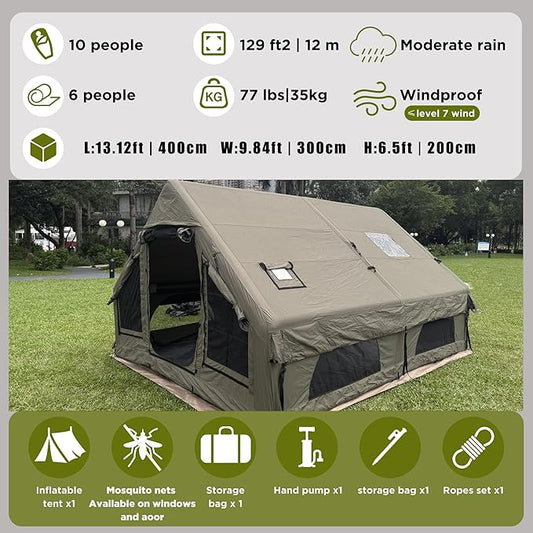 Large Luxury Inflatable Camping Tent, Technology Cotton Canvas Tent for 4-6-8-10-12 People | Breathable and Waterproof Tent with Skylight and Stove Jack, Suitable for Family Camping of 12 ㎡