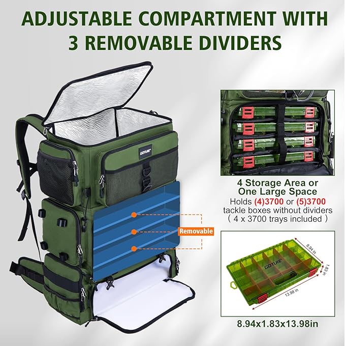 Goture Fishing Backpack with Cooler, 72L 600D Tackle Backpack Included 4 3700 Tackle Boxes, Dry & Wet Split Compartment, Large Fishing Tackle Bag with Rod Holders,Rain Cover for Travel Camping Hiking