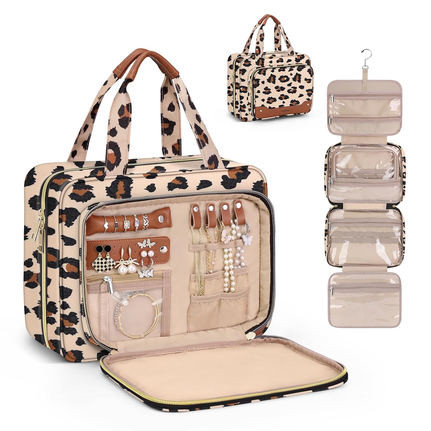 Wedama Toiletry Bag for Women, Hanging Travel Toiletry Bag with Jewelry Organizer Compartment Large Makeup Bag, PVC Waterproof Cosmetic Travel Bag Trips Camping Bathroom, Leopard Print - Roamly