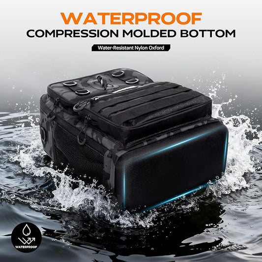 Fishing Backpack with Tackle Boxes and Rod Holders, Fishing Bag wtih Fishing Lure Kit Water-resistant Sling Tackle Bag Store Gear and Equipment, Bait Gifts for Men Woman Anglers-Black Camo Backpack