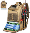 Fishing Tackle Backpack,Tackle Bag with 2 Rod Holders,Water-Resistant Large Storage Fishing Gear and Equipment (B-Khaki)