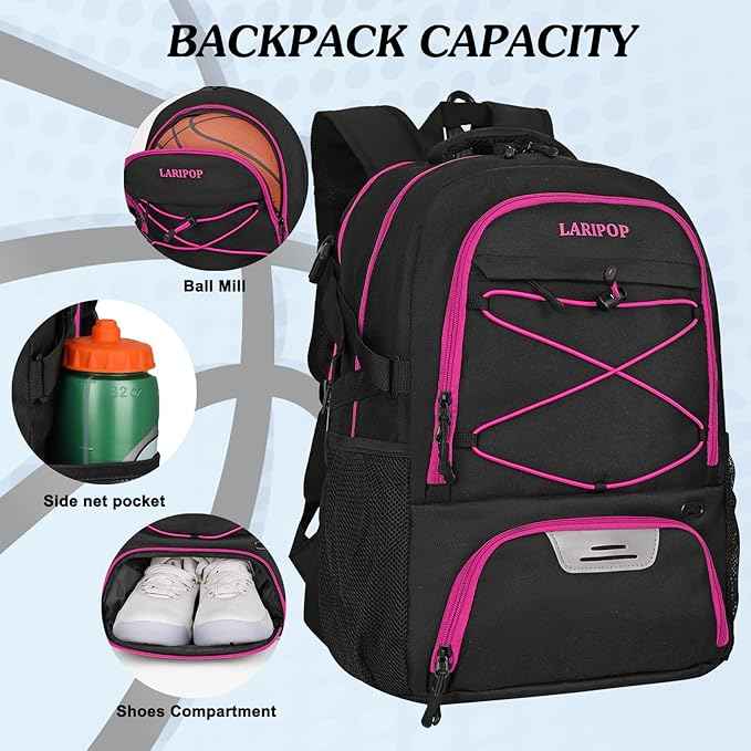 LARIPOP Basketball Backpack Large Basketball Bag with Ball Holder & Shoe Compartment for Youth Adults Men Women