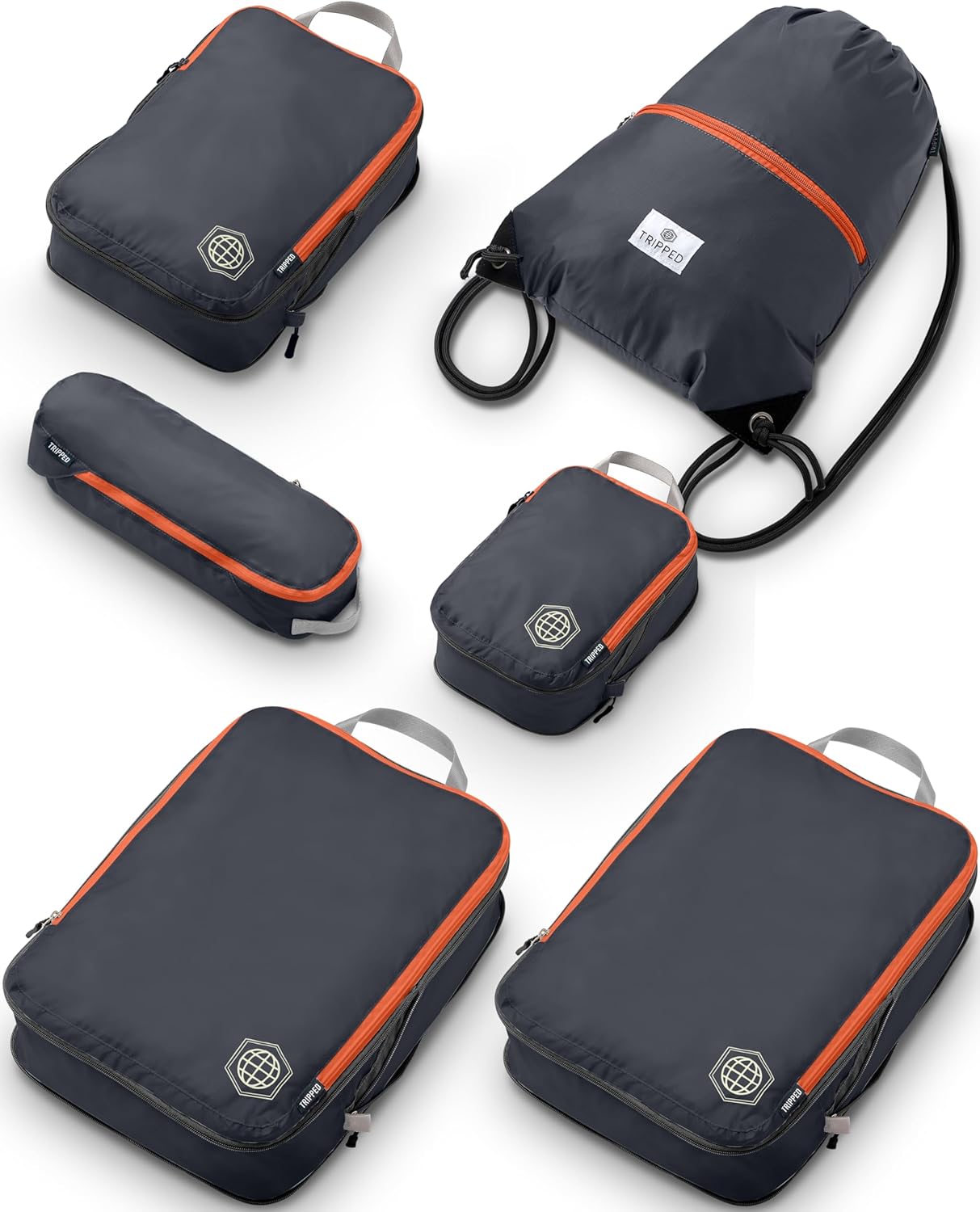 Large Compression Packing Cubes 6 Piece Set for Travel with Lightweight Laundry Bag/Drawstring Backpack for Carry-On Suitcase (Grey/Orange)