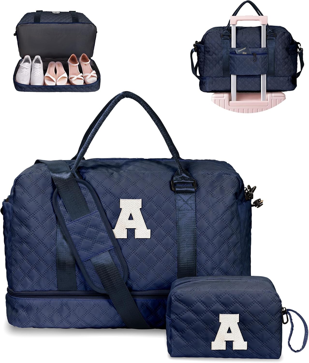 Women's Initial Duffle Bag - Personalized Weekender with Shoe & Makeup Compartments, Monogram Overnight Bag (Letter A) - Roamly