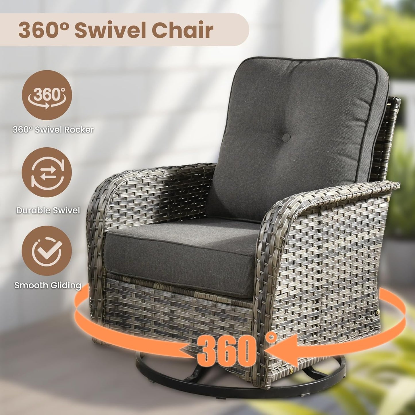 HOOOWOOO Patio Furniture Set,3 Pieces Outdoor Conversation Set,All Weather Wicker High Back Swivel Chairs Bistro Set with Side Table,Black