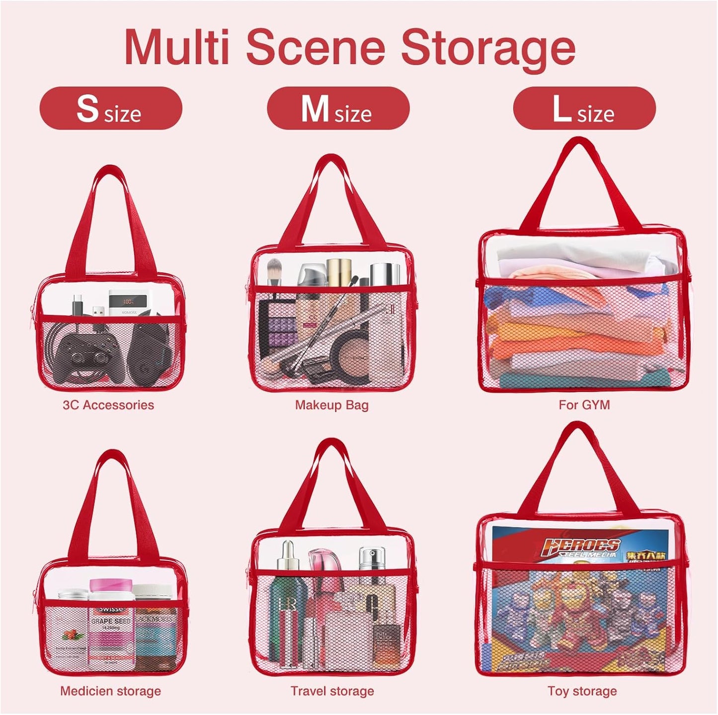 XEWEA Clear Travel Toiletry Bags, 3 Pack TSA Approved Transparent Makeup Bag for Men Women, Large Waterproof PVC Quart Organizer Kit with Zipper for Toiletries Airline Essential,Toy Storage Pouch Red - Roamly