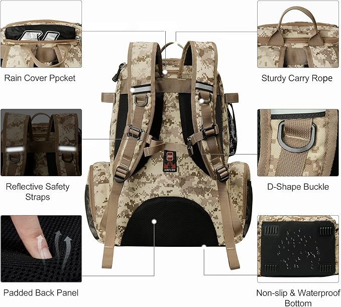 N NEVO RHINO Fishing Tackle Backpack with Rod Holders, 40L Large Fishing Bag with Waterproof Rain Cover,Outdoor Tackle Bag