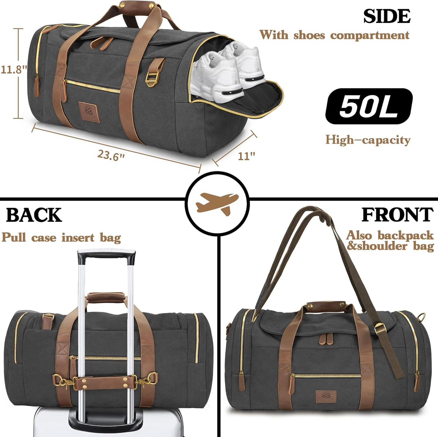 Vintage Canvas Duffle Bag, 50L Genuine Leather Travel Duffel Backpack Multifunctional Overnight Weekender Bag with Shoes Compartment Men (Black) - Roamly