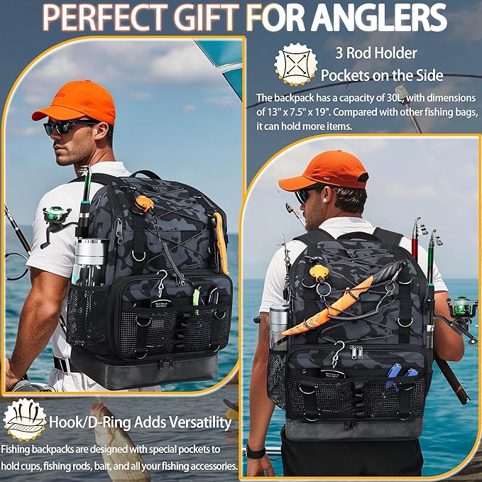 Fishing Backpack with Rod Holder, Heavy Duty Fishing Bag with Waterproof Bottom, Tackle Backpack Gifts for Man Woman-Black Camo