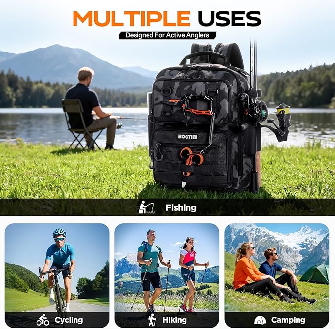 Fishing Backpack with Tackle Boxes and Rod Holders, Fishing Bag wtih Fishing Lure Kit Water-resistant Sling Tackle Bag Store Gear and Equipment, Bait Gifts for Men Woman Anglers-Black Camo Backpack