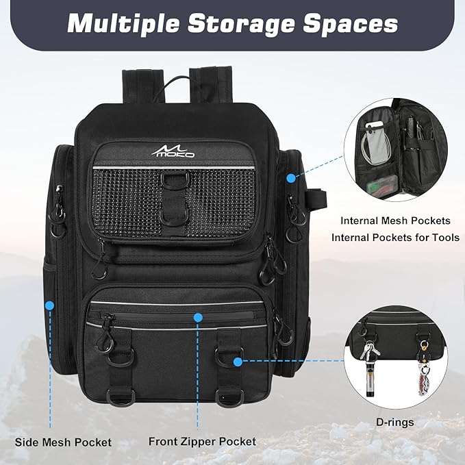MoKo Fishing Backpack Bag, Large 40L Tackle Backpack with Rod Holders & Bait Binder Storage Fishing Gear and Equipment for Hiking Camping, Gifts for Men Father, Black