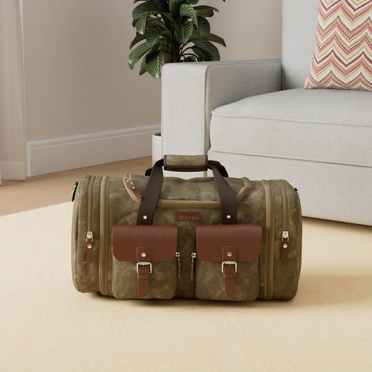Wildroad Waxed Canvas Duffle Bag - 60L Waterproof Genuine Leather Weekender Overnight Travel Hand Bag - Roamly