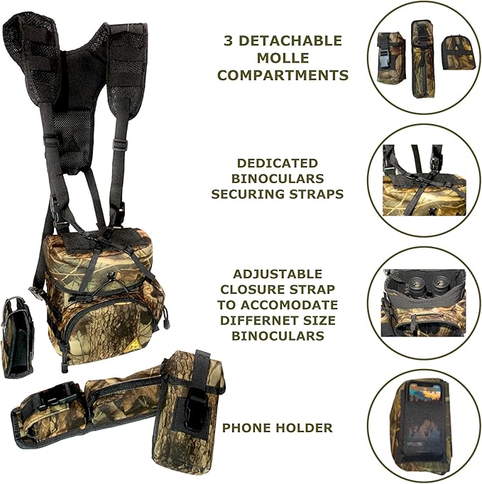 Binoculars Harness Case Pack, Bino Pack with Rangefinder Compartment - Detachable Molle Compartments Camouflage for Hunting, Hiking and Birdwatching