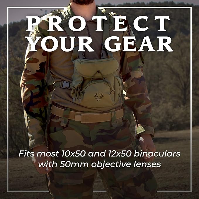 Binocular Harness Chest Pack - Lightweight Bino Harness with Rangefinder Pouch, Silent Hunting Chest Rig and Binocular Case w/ MOLLE system, Veteran Owned Gear, Green