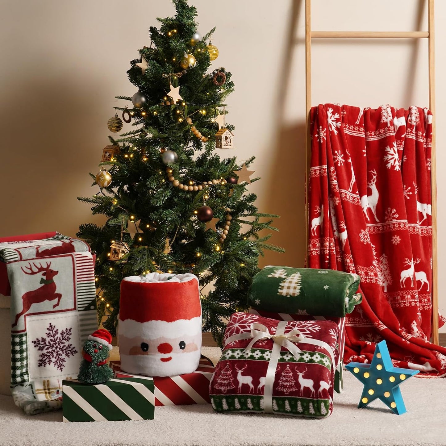 PHF Printed Fleece Blanket King Size, No Shed No Pilling Ultra Soft Plush Cozy Xmas Prints Theme Home Décor Flannel Blanket for Bed, Sofa, Couch and Gift, 108" x 90", Reindeer and Trees, Red