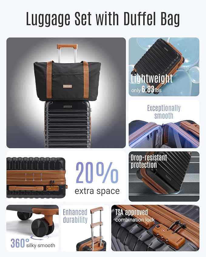LIGHT FLIGHT Luggage Sets, Carry On Luggage 22x14x9 Airline Approved, Carry On Travel Bag Suitcases with Wheels, Expandable Hardside Lightweight Rolling with TSA Lock 2-Piece Set (DB/20),Black/Brown