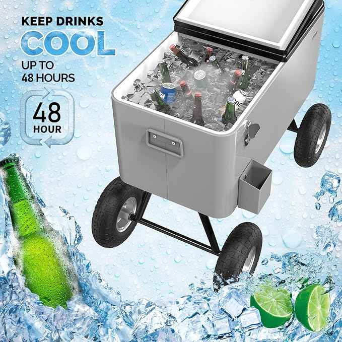 VINGLI 80 Quart Wagon Rolling Cooler Ice Chest, w/Long Handle and 10" Wheels, Portable Beach Patio Party Bar Cold Drink Beverage, Outdoor Park Cart on Wheels