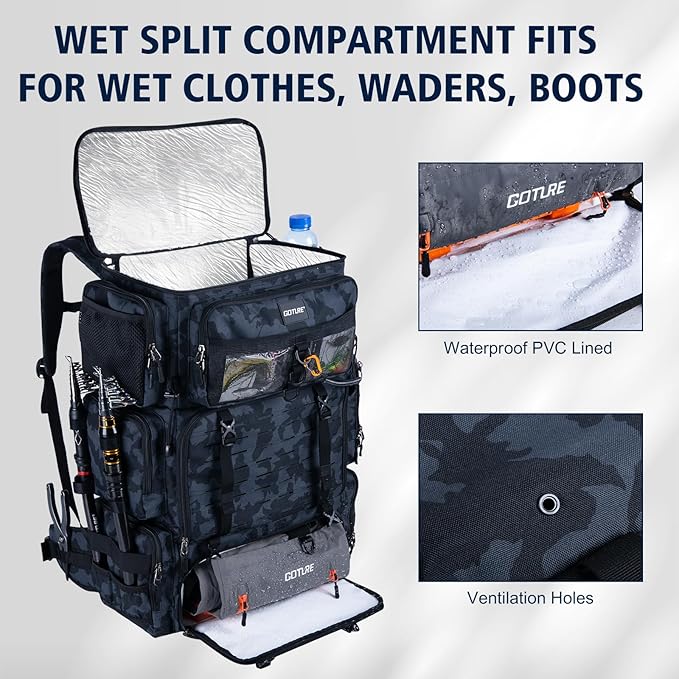 Goture Fishing Backpack with Cooler,72L Large 600D Tackle Backpack with Rod Holders,Dry & Wet Split Compartment,Adjustable Main Compartment,Rain Cover,Insulated Tactical Bag for Travel Camping Hiking