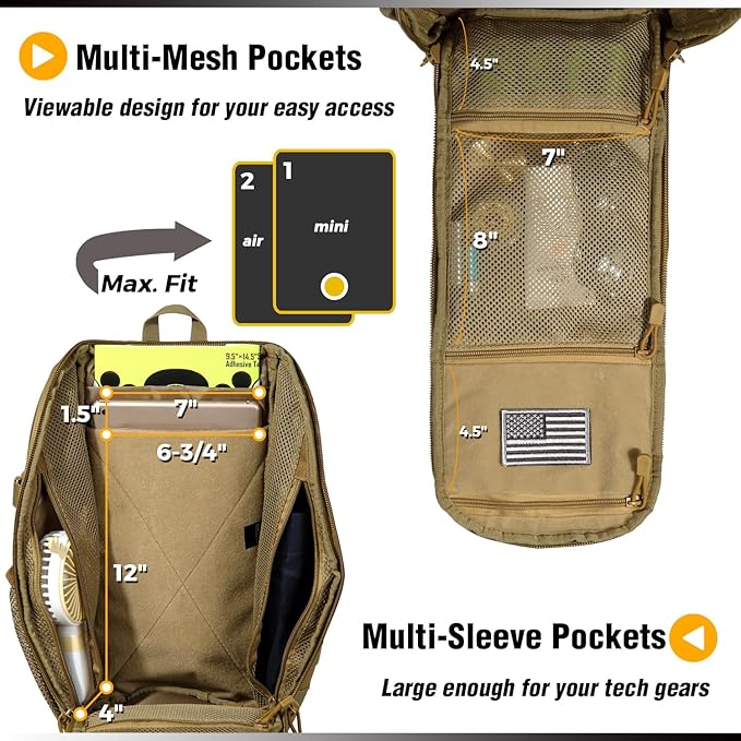 DBTAC Tactical Personal Defense EDC Bags & Packs | 10L Military Shoulder Backpack with Sling for Concealed Carry, Range, Travel, Hiking, Outdoor Sports (Brown)