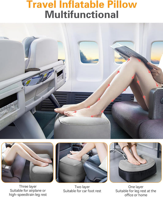 Sunany Inflatable Travel Foot Rest Pillow, Airplane Bed for Kids and Toddler, Adjustable Height Portable Elevating Leg, Trains, Cars, Home, Office (2 Pack)