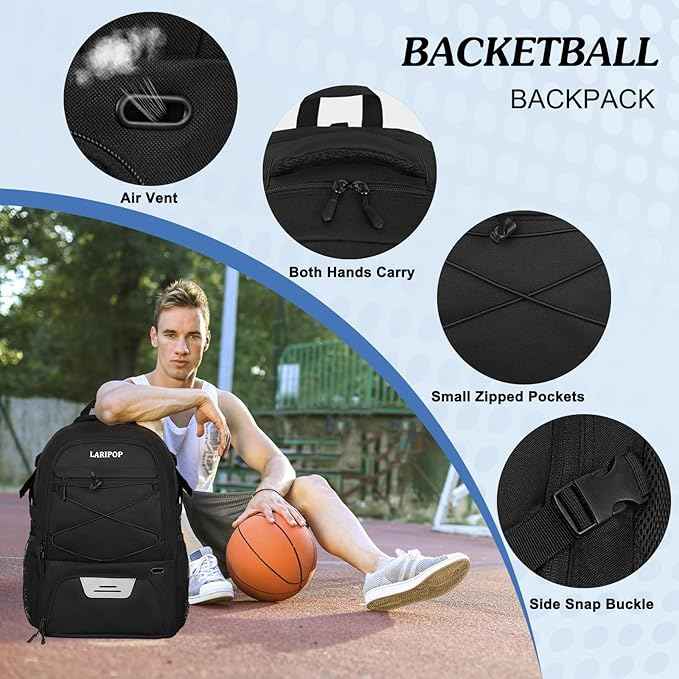 LARIPOP Basketball Backpack Large Basketball Bag with Ball Holder & Shoe Compartment for Youth Adults Men Women