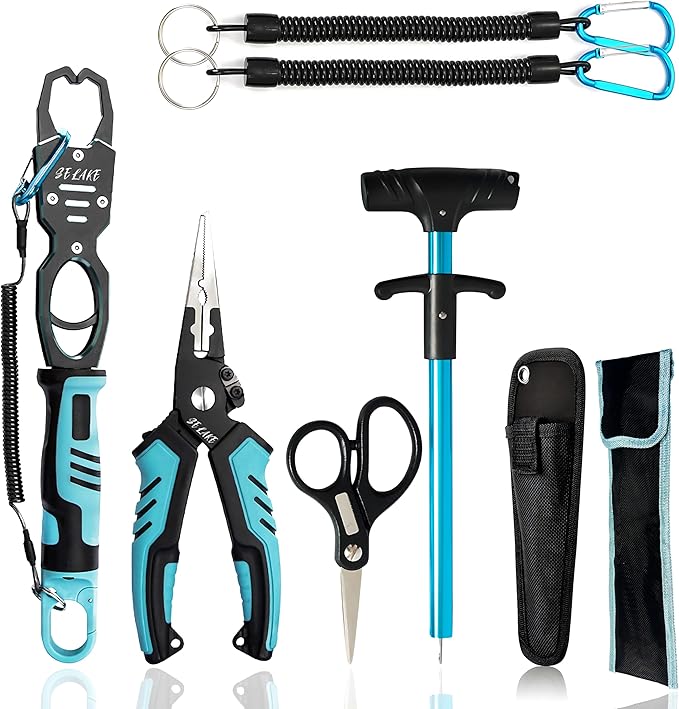 Selake 7 PCS Complete Fishing Tools Set, Fish Lip Gripper with Scale, Fishing Pliers, Hook Remover, Line Cutter & Scissors, Corrosion Resistant for Saltwater Freshwater Kayak Ice Fishing