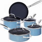 Nuwave 9pc Cookware Set Healthy Duralon Blue Ceramic Nonstick Coated, Diamond Infused Scratch-Resistant, PFAS Free, Oven Safe, Induction Ready & Evenly Heats, Tempered Glass Lids & Stay-Cool Handle