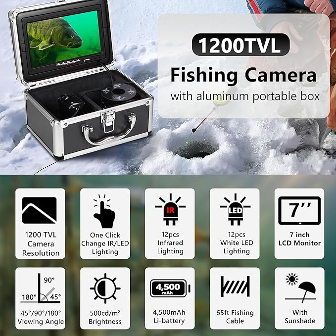 [FishPRO® 2026 Upgrade] Underwater Fishing Camera 1200TVL, 7'' Ice Fishing Camera Underwater[Aluminum Box], Fish Finder Ice Fishing Gifts for Men, IR+LED, 4,500mAh, 65ft