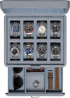 ROTHWELL 8 Slot Leather Watch Box with Drawer - Luxury Case Display Jewelry Organizer, Locking Display Case Holder with Real Glass Top - Watch Box Organizer for Men & Women (Artic Mist)
