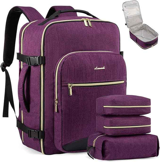 LOVEVOOK Travel Backpack for Women & Men 50L,Airline Approved Carry On Backpack Travel Essential,TSA Carry on Luggage,Waterproof Personal Item Travel Bag,Suitcase with 3 Packing Cube,Dark purple-Black