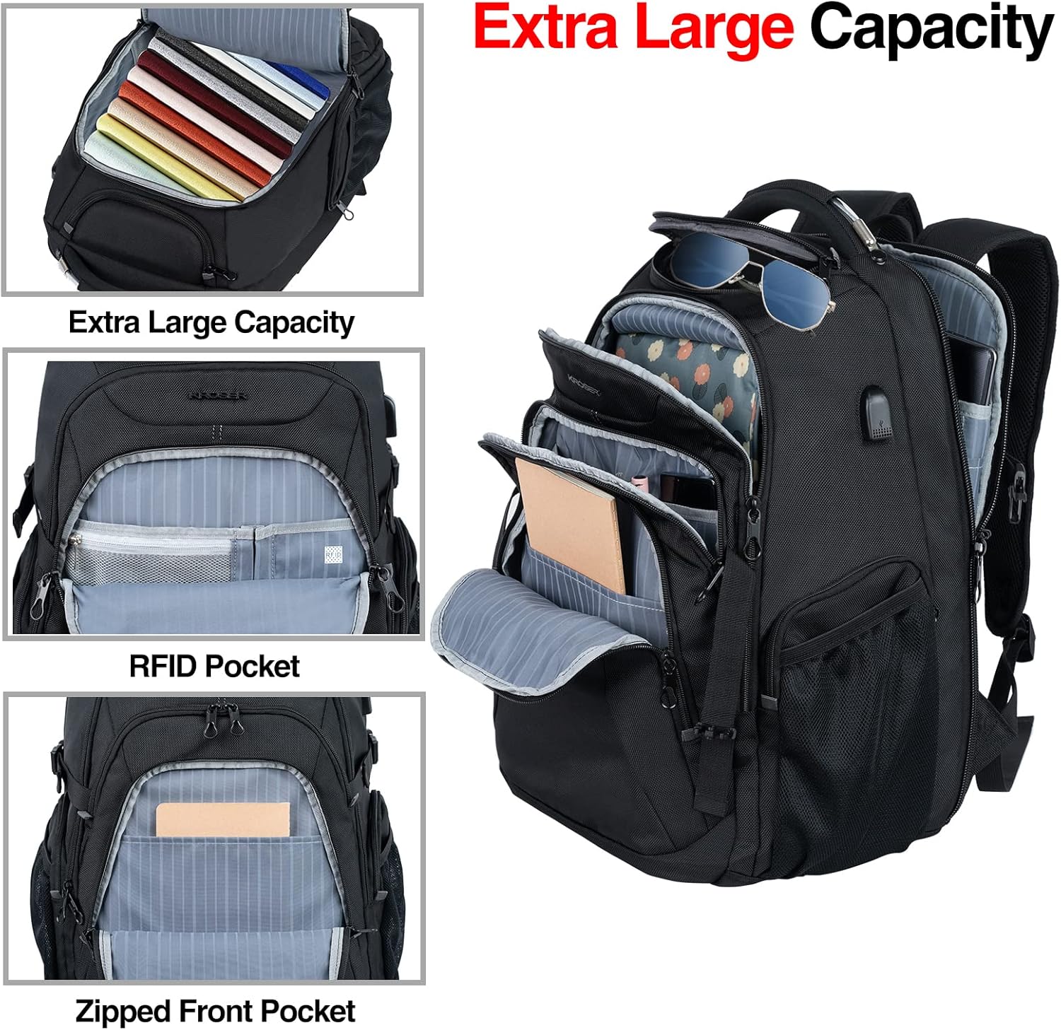 KROSER Travel Laptop Backpack 18.4 Inch XXXL Gaming Backpack with Hard Shell Saferoom RFID Pockets Water-Repellent Business College Daypack Stylish Laptop Bag for Men/Women-Black - Roamly