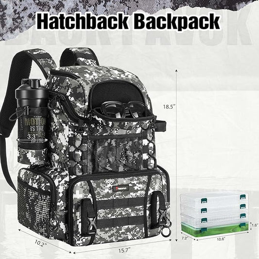 Piscifun Fishing Tackle Backpack with Rod Holders & 4 Tackle Boxes, 42L Outdoor Fishing Bag with Waterproof Rain Cover
