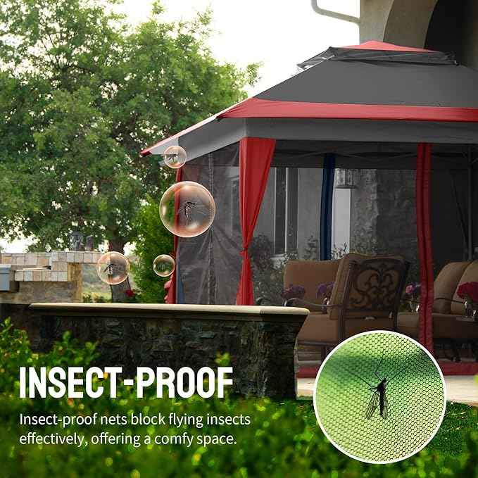 CROWN SHADES 11x11 Pop Up Gazebo, Patented One Push Outoor Canopy Tent with Wheeled STO-N-Go Cover Bag, Pop Up Canopy with Netting for Patio, Backyard (11x11, Red &Grey)