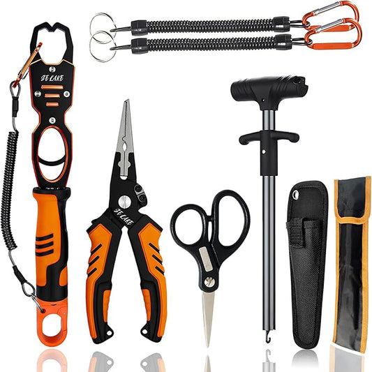 Selake 7 PCS Complete Fishing Tools Set, Fish Lip Gripper with Scale, Fishing Pliers, Hook Remover, Line Cutter & Scissors, Corrosion Resistant for Saltwater Freshwater Kayak Ice Fishing