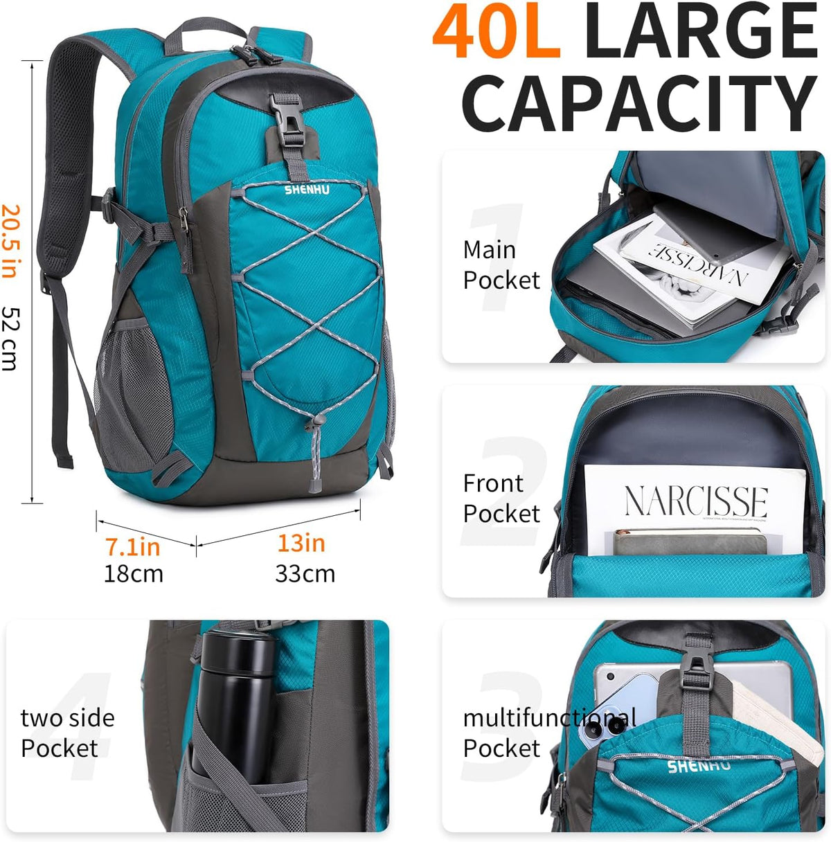 40L Hiking Backpack Lightweight Daypack Waterproof Travel Camping Backpack for Men Women Sport Packable - Roamly