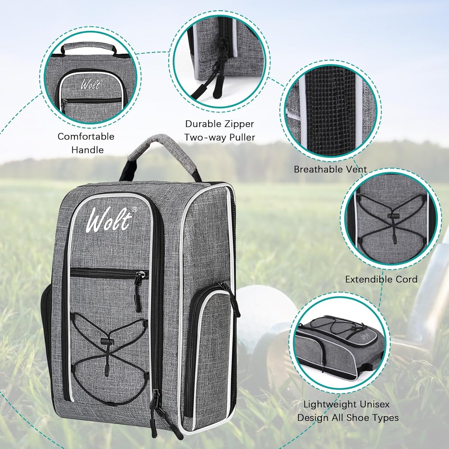 Wolt Golf Shoe Bag - Sports & Travel Shoes Carrier Bags with Ventilation & Double Outside Accessory Pocket for Socks, Tees, Golf Balls, etc. for women and men (Grey)