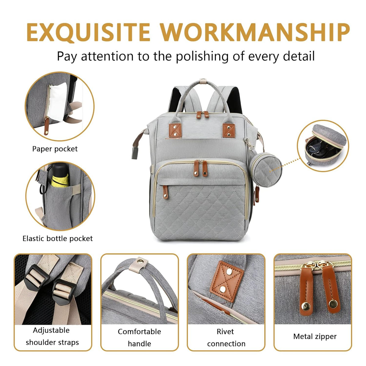 Baby Diaper Bag Backpack with Changing Station Travel Waterproof 3 in 1 Foldable Pad Unisex Grey