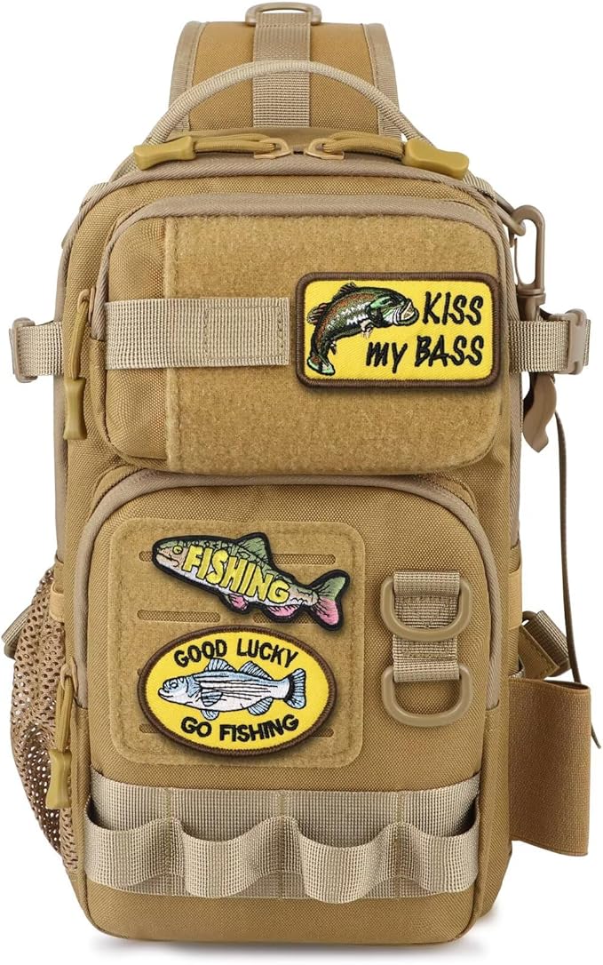 Dovesun Small Fishing Backpack with Tackle Boxes Fishing Sling Bag DIY Embroidery Patches Tackle Bag Gift for Men Khaki