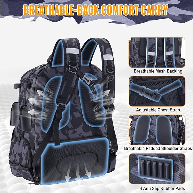 50L Fishing Tackle Backpack with Rod Holder and 4 Included 3600 Tackle Boxes - Waterproof Fishing Backpack for Ultimate Gear Organization and Storage (Black Camo)