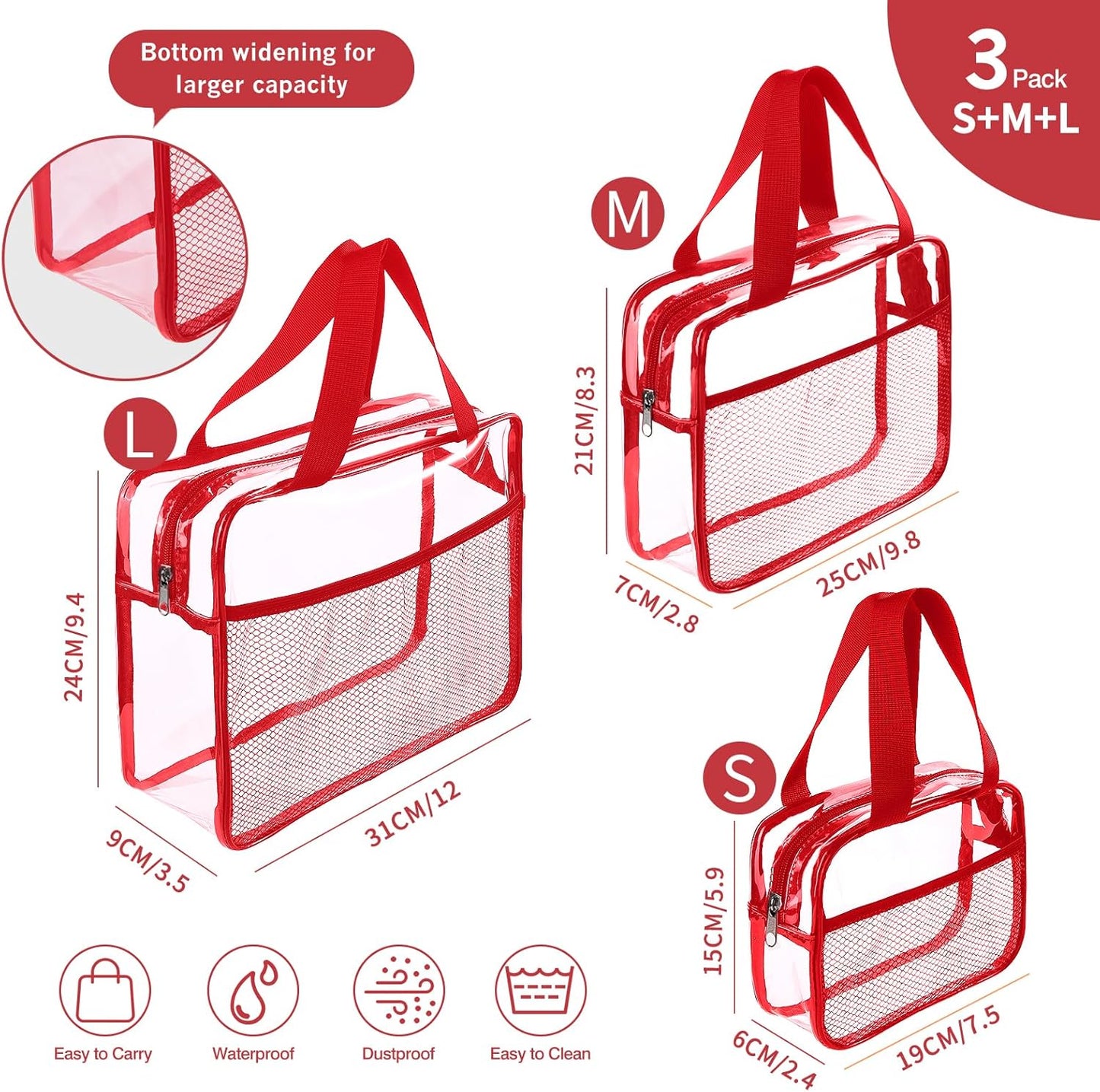 XEWEA Clear Travel Toiletry Bags, 3 Pack TSA Approved Transparent Makeup Bag for Men Women, Large Waterproof PVC Quart Organizer Kit with Zipper for Toiletries Airline Essential,Toy Storage Pouch Red - Roamly