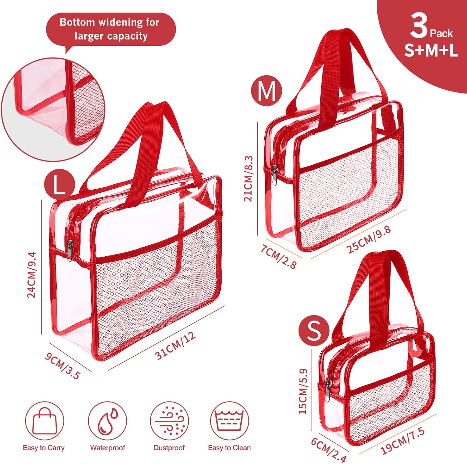XEWEA Clear Travel Toiletry Bags, 3 Pack TSA Approved Transparent Makeup Bag for Men Women, Large Waterproof PVC Quart Organizer Kit with Zipper for Toiletries Airline Essential,Toy Storage Pouch Red - Roamly