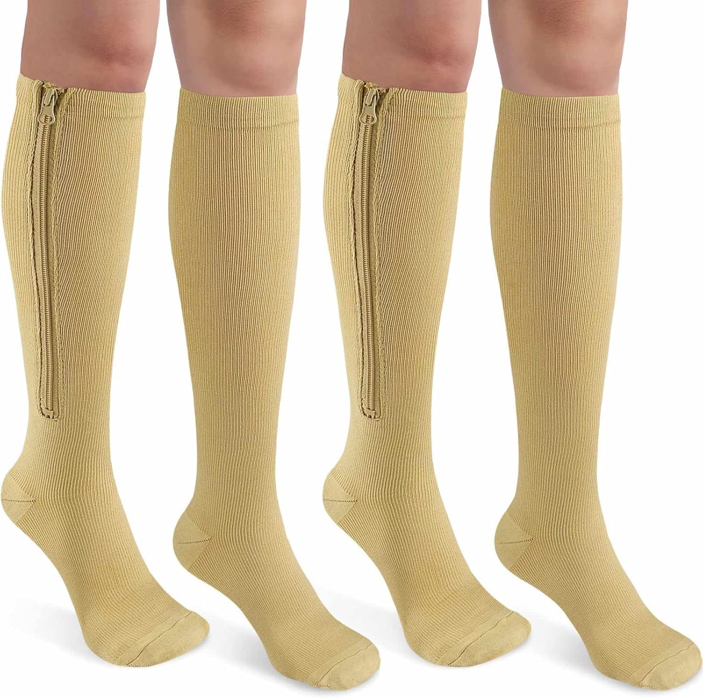CASMON 2 Pairs Zipper Compression Socks for Women & Men, 15-20 mmHg Closed Toe Knee High Support Sock with Zipper for Varicose Vein Edema